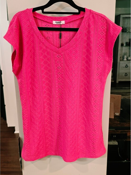Zeagoo Tops - Bright Pink Zeagoo Eyelet V-Neck Top